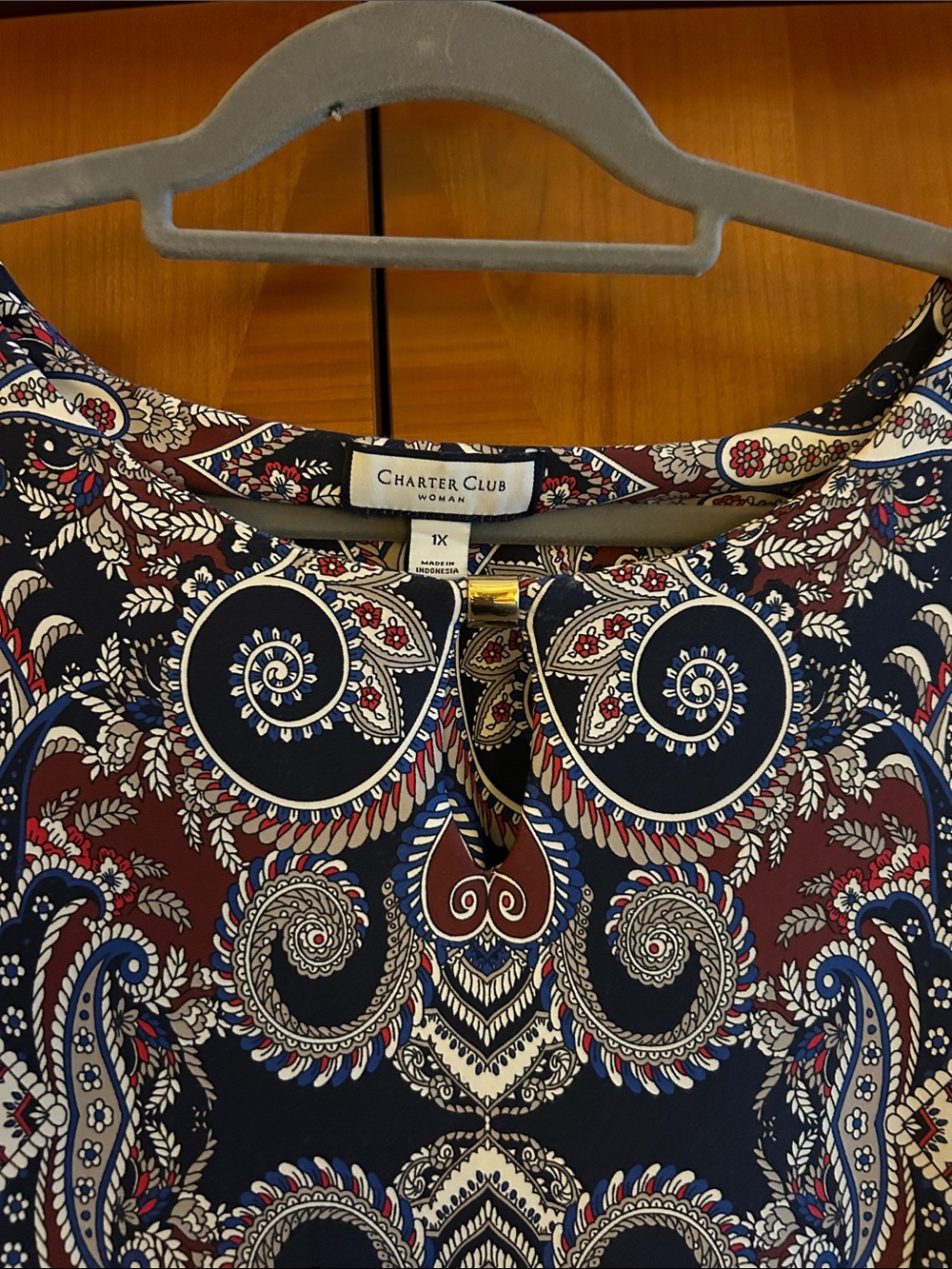 Charter Club Navy and Burgundy Paisley Long-Sleeve Dress - Picture 2 of 3